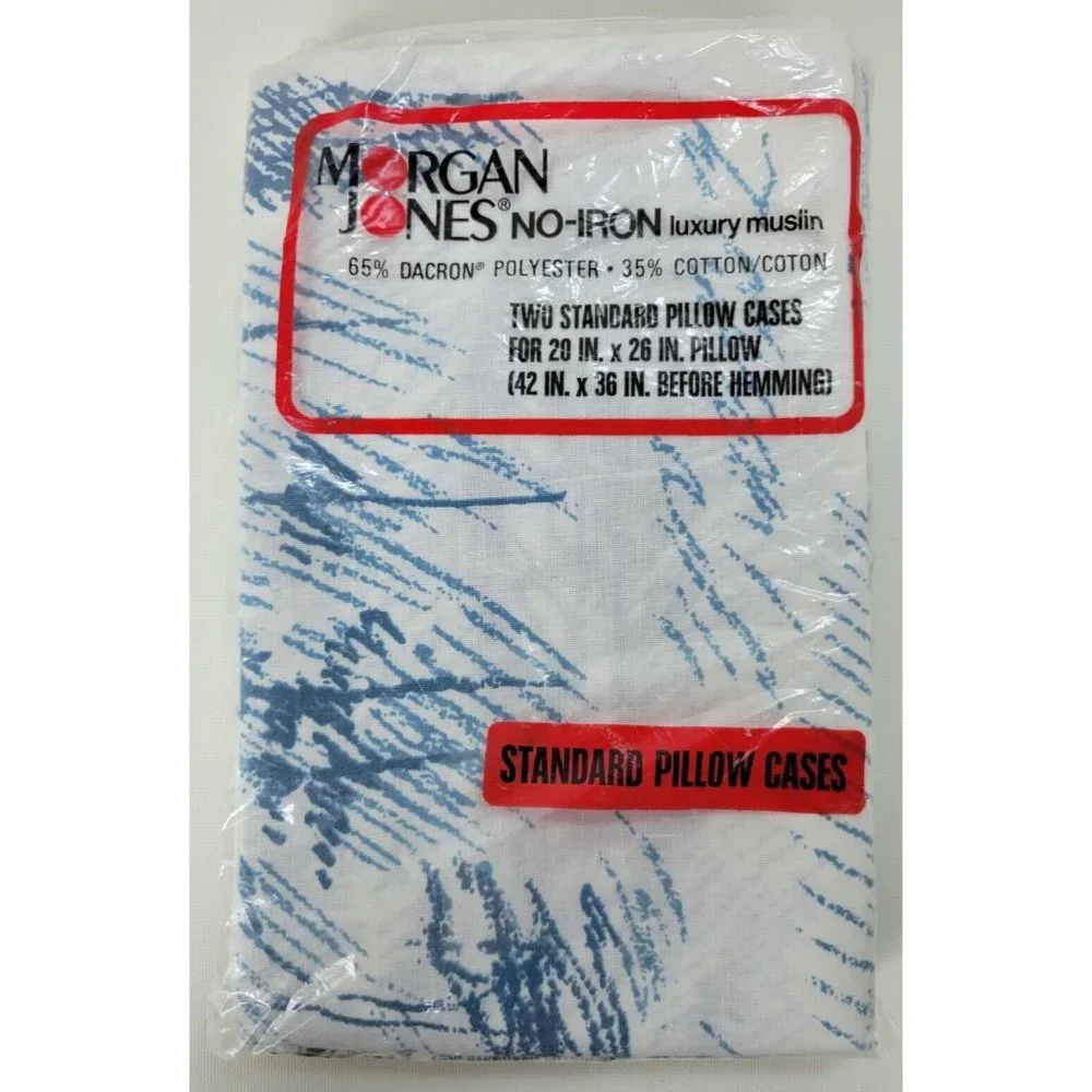 2‎ Vintage NIP Morgan Jones Muslin Standard Pillow Cases White Blue USA